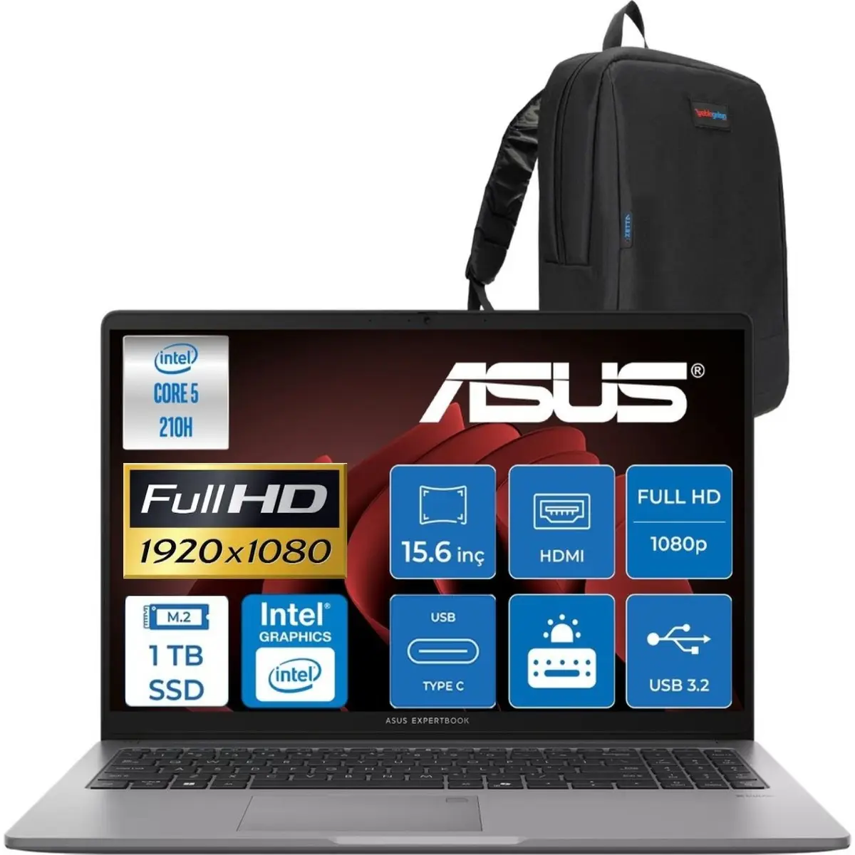 Expertbook P1 P1503CVA Intel® Core™ 5 210H 24GB Ddr5 1tb SSD 15.6" Fullhd (1920 x 1080) 300NITS Freedos Taşınabilir Bilgisayar + Cimete Çanta